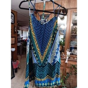 Vintage Angie size S hippie boho mini dress blue rayone made in India